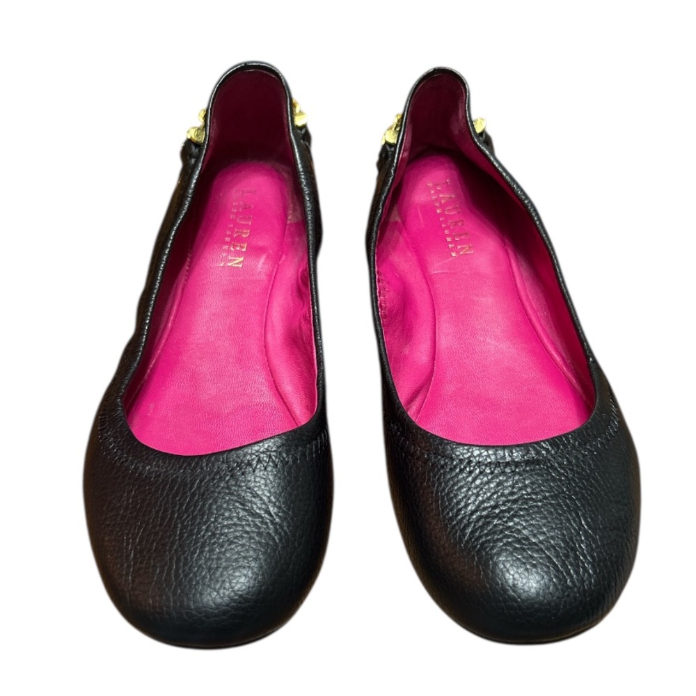 Lauren Ralph Lauren Barb Black Leather Flats with Gold Chains Size:8